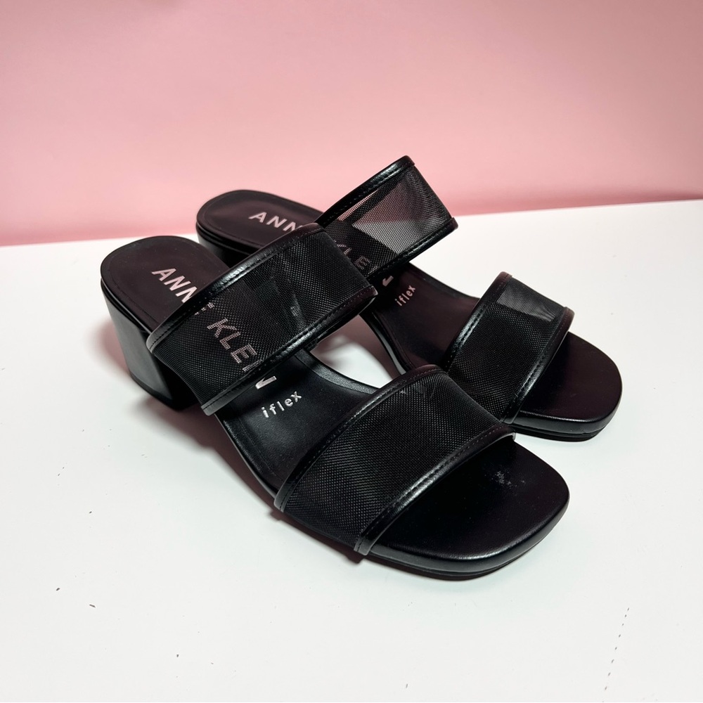 Anne Klein black mesh date night block heel mule sandals